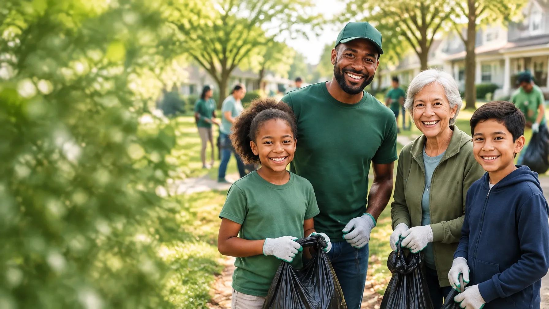 Neighbors of different generations working together at a neighborhood cleanup